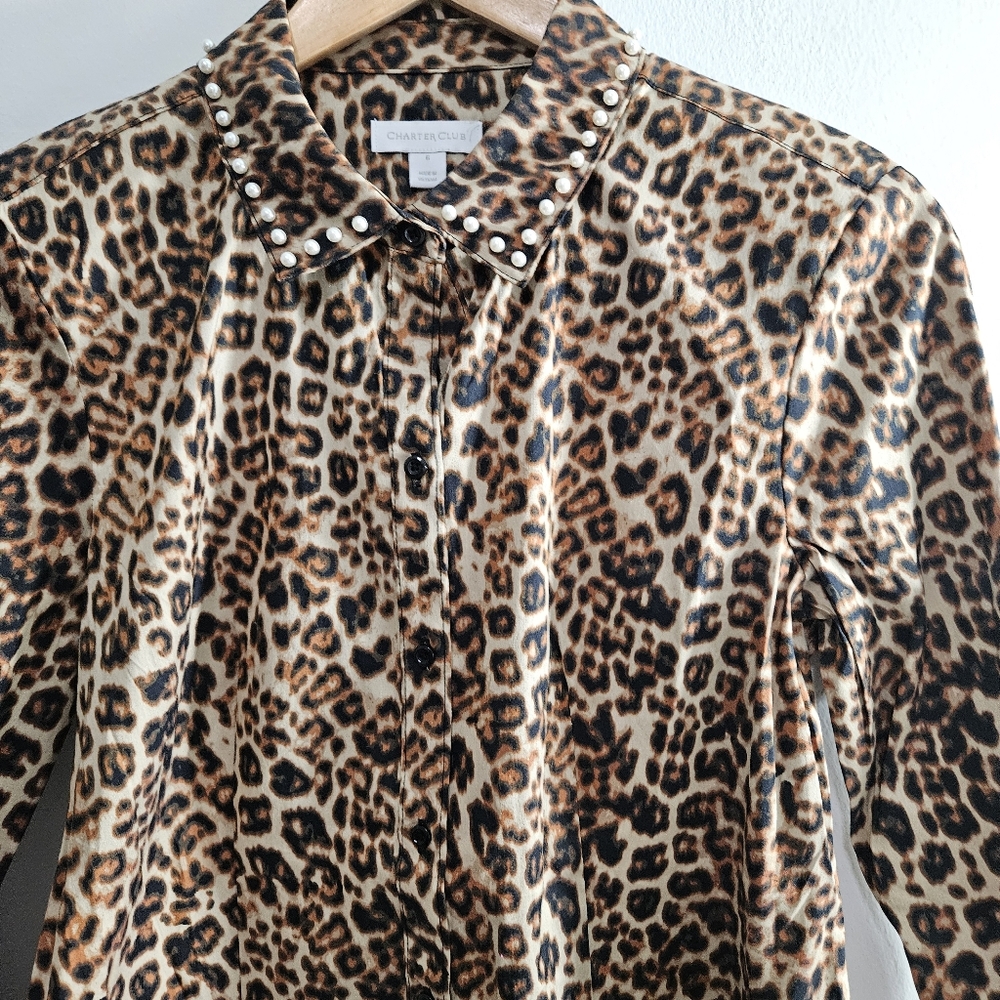Charter Club Leopard Print And Pearl Women's Button Up Top - Picture 6 of 16